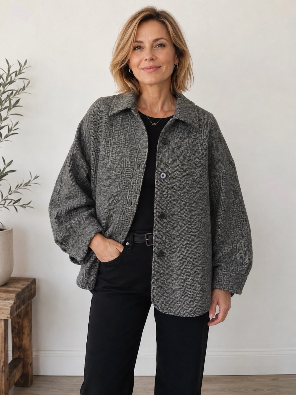 SoSUE Gray Herringbone Wool Blend Oversized Jacket Button Front Size S/M